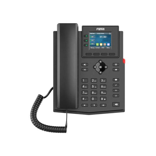 Fanvil X303 4SIP VoIP phone featuring a color screen and power supply unit.