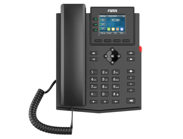 Fanvil X303G 4SIP Gigabit PoE VoIP Phone with a color screen, showcasing its design and features.