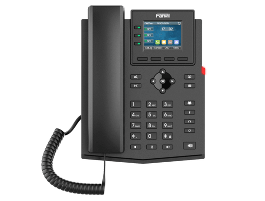 Fanvil X303G 4SIP Gigabit PoE VoIP Phone with a color screen, showcasing its design and features.