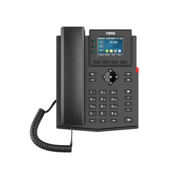 Fanvil X303P 4SIP PoE VoIP phone with a color screen, showcasing its sleek design and features.