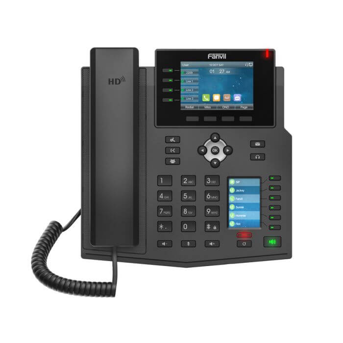 Fanvil X5U VoIP phone with Bluetooth and PoE capability, featuring a sleek design and multiple SIP lines.