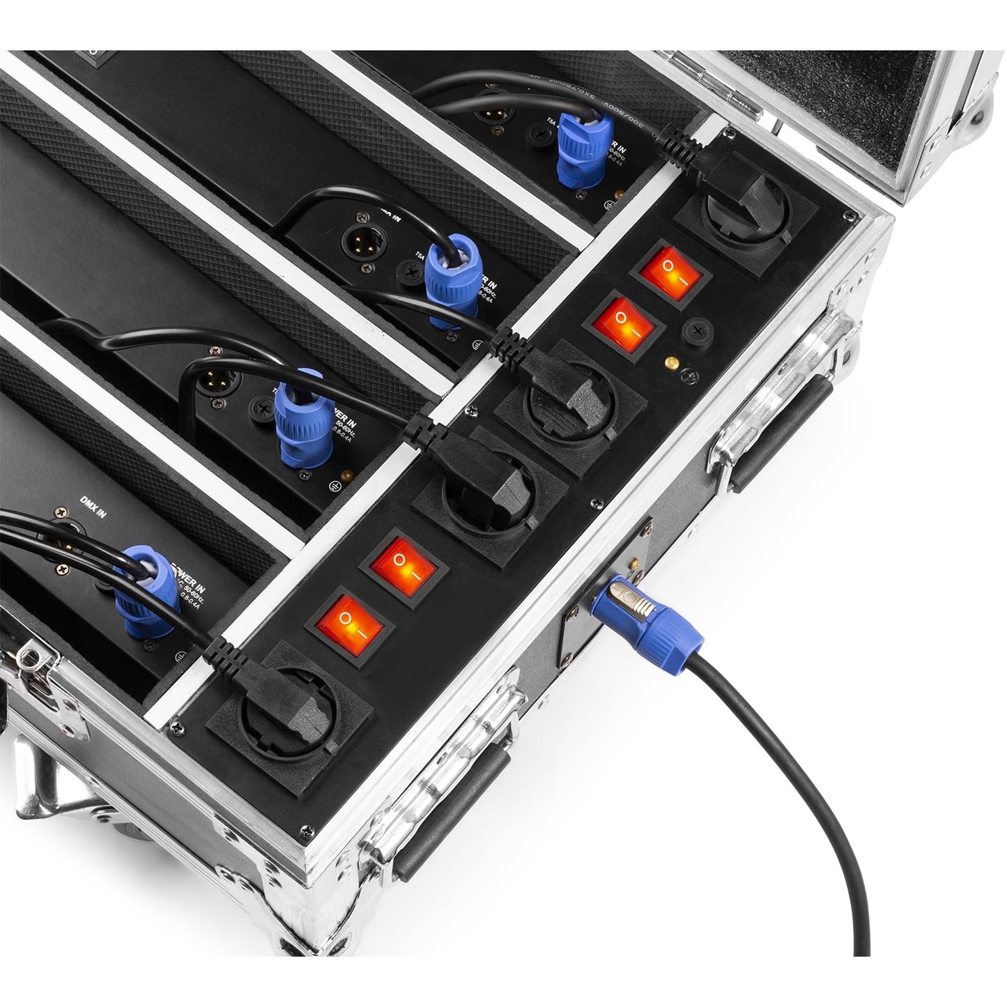 Top view of power of the FCC14 Flightcase for 4x BBB243 with built-in charging sockets and sturdy construction with lights on