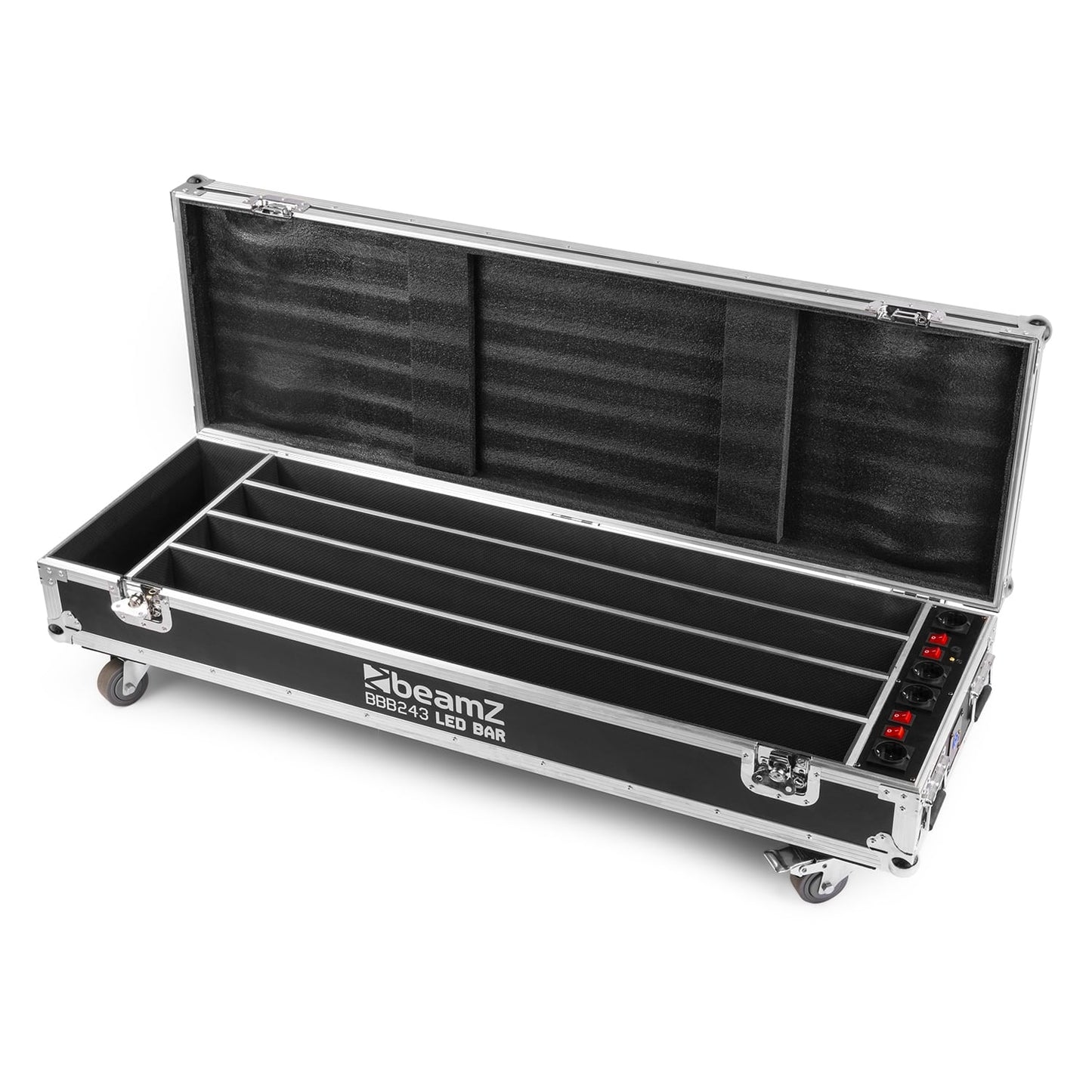 Front view of the FCC14 Flightcase for 4x BBB243 with built-in charging sockets and sturdy construction empty