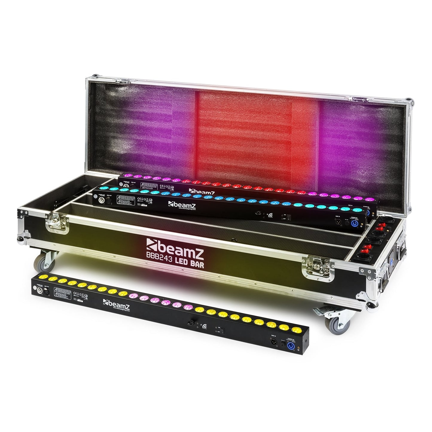 Front view of the FCC14 Flightcase for 4x BBB243 with built-in charging sockets and sturdy construction with lights on