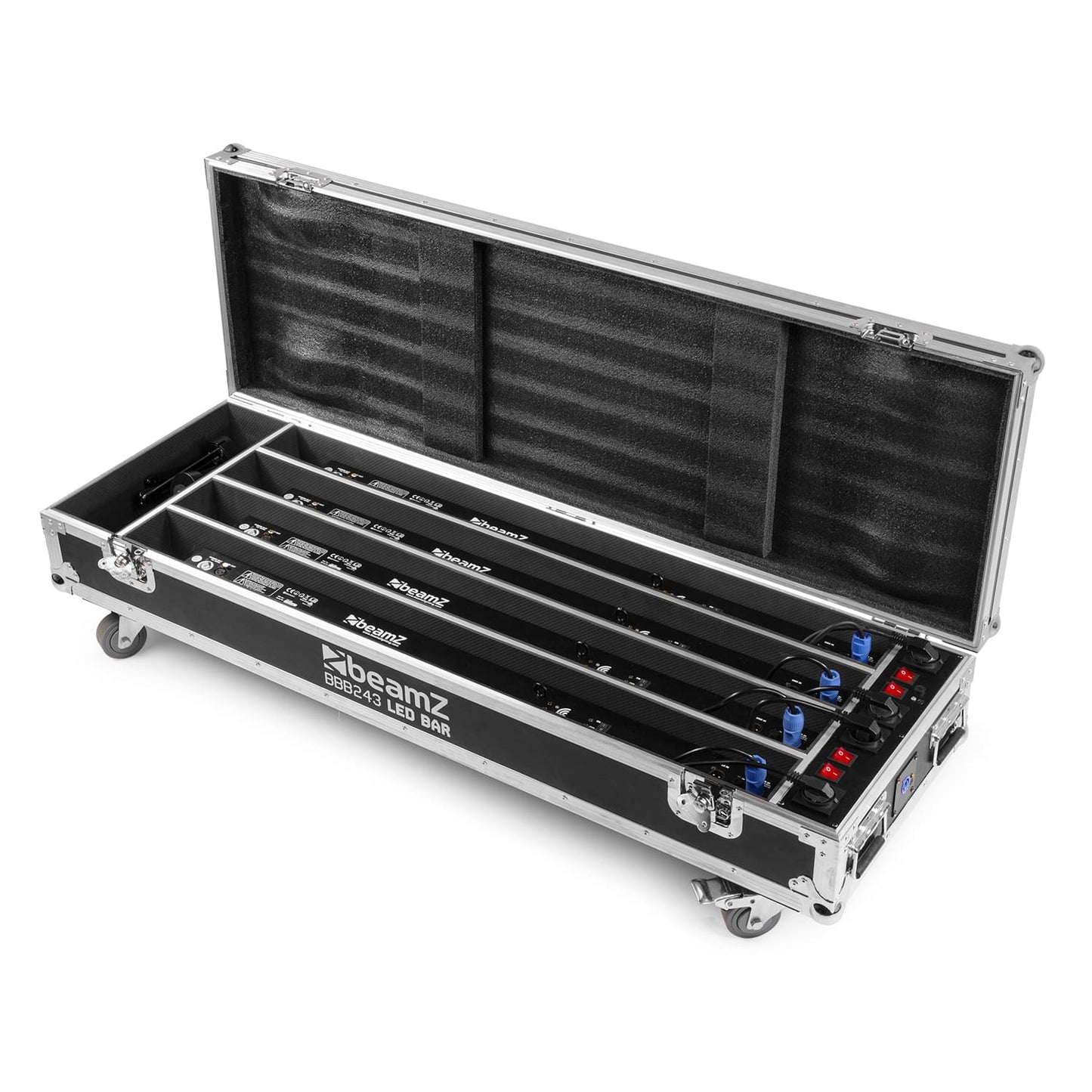Side open view of the FCC14 Flightcase for 4x BBB243 with built-in charging sockets and sturdy construction with lights