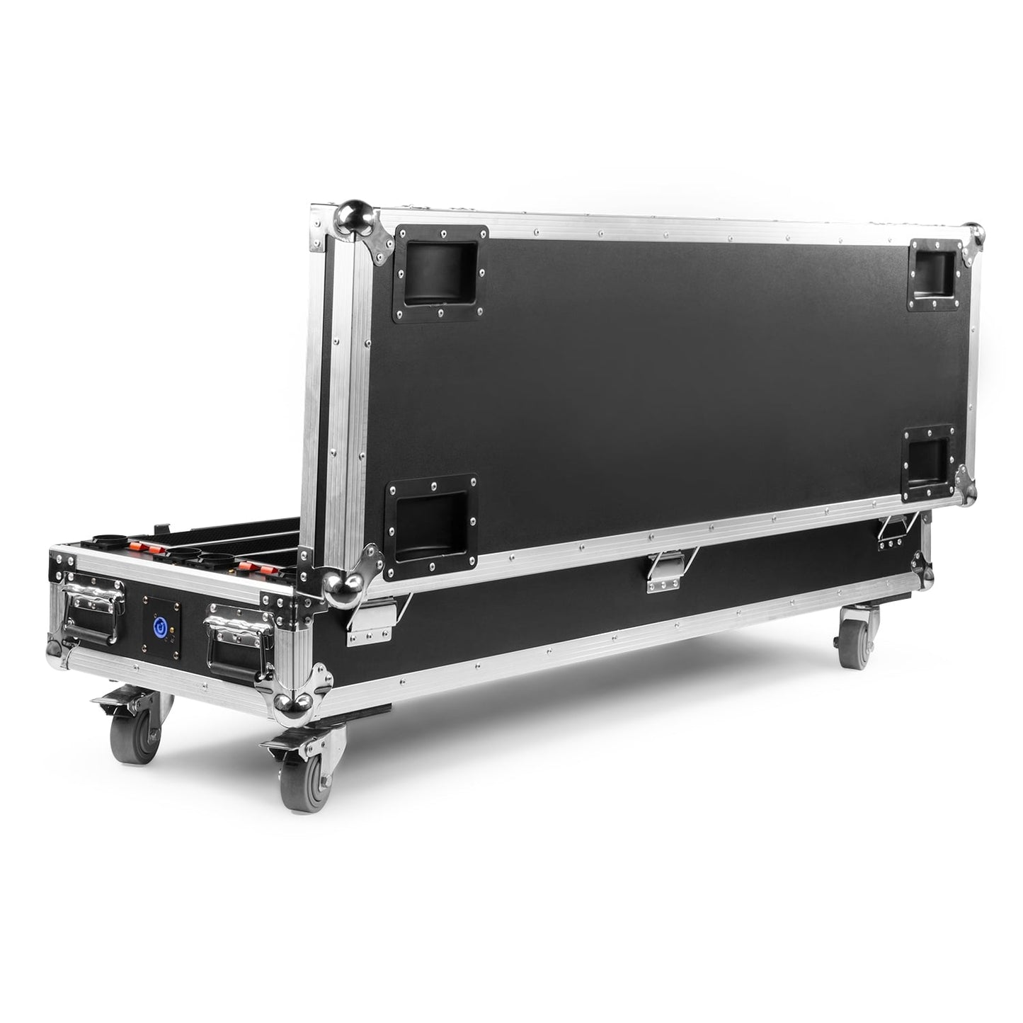 Back view of the FCC14 Flightcase for 4x BBB243 with built-in charging sockets and sturdy construction with open lid