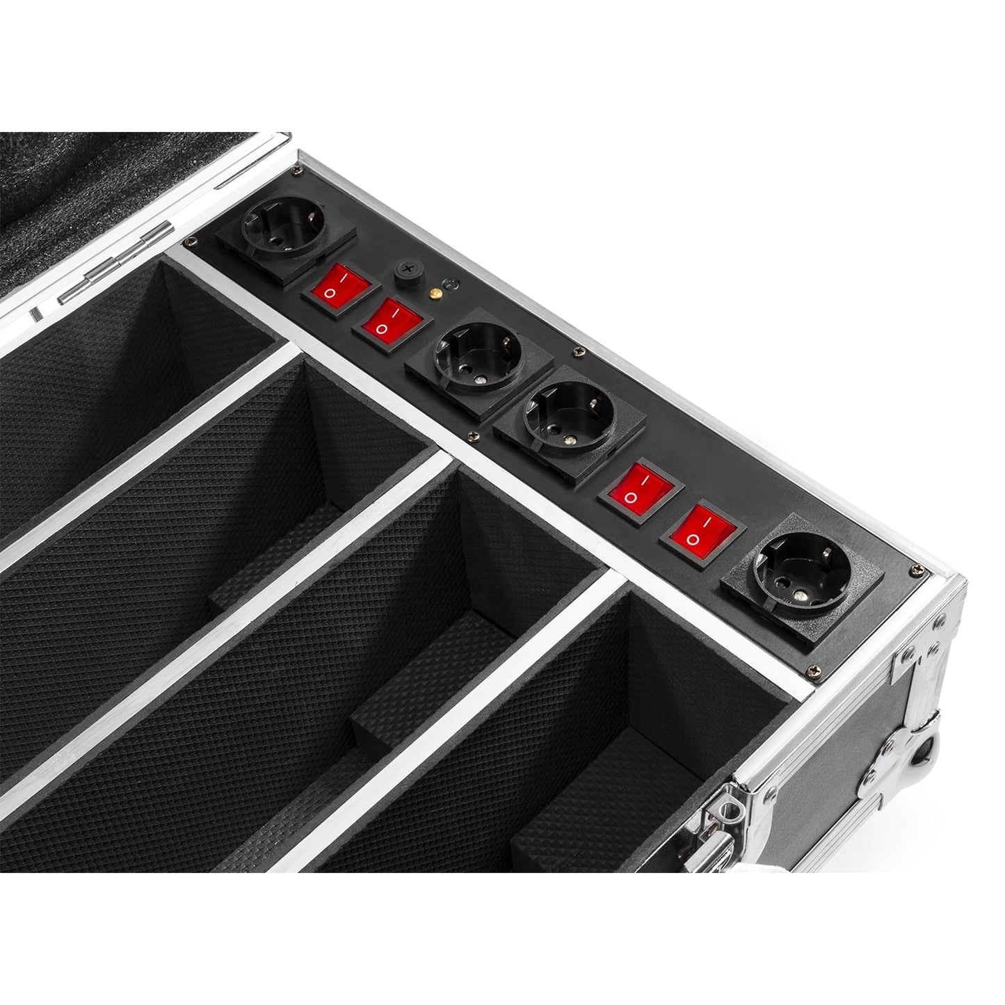 Top view of the FCC14 Flightcase for 4x BBB243 with built-in charging sockets and sturdy construction with lights on