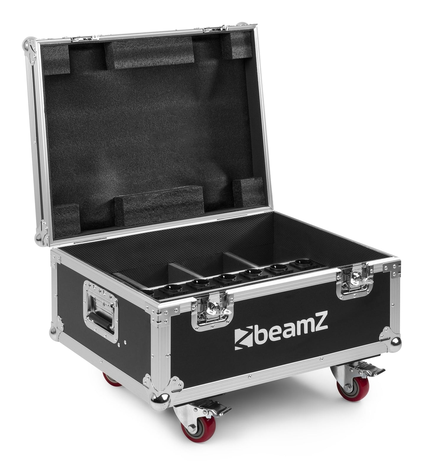 Angled view of the FCC9 Flightcase for 8x BBP9 series uplight with built-in charging sockets and sturdy construction with the lid open