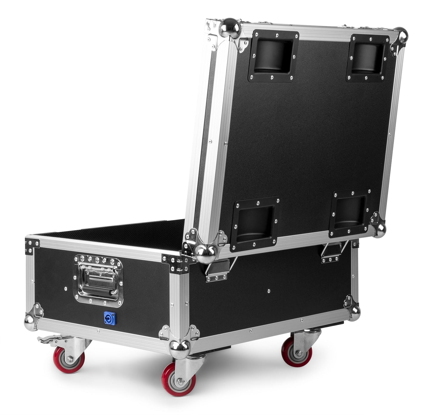 Back view of the FCC9 Flightcase for 8x BBP9 series uplight with built-in charging sockets and sturdy construction with the lid open