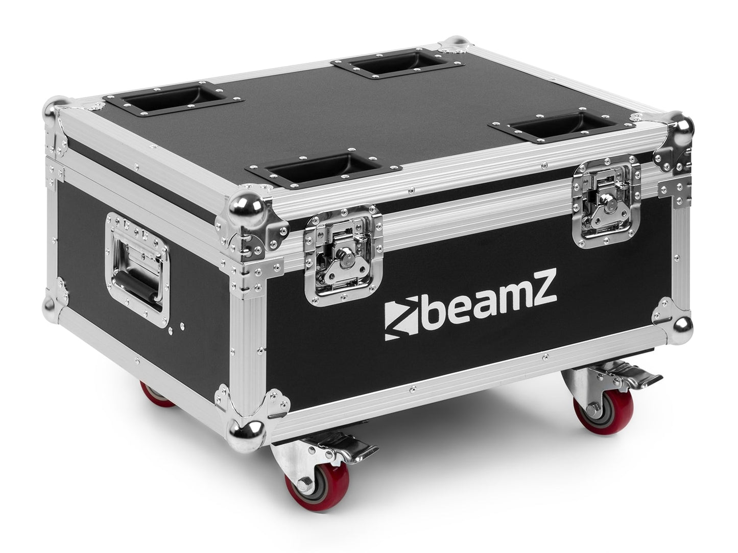 Angled view of the FCC9 Flightcase for 8x BBP9 series uplight with built-in charging sockets and sturdy construction 1.