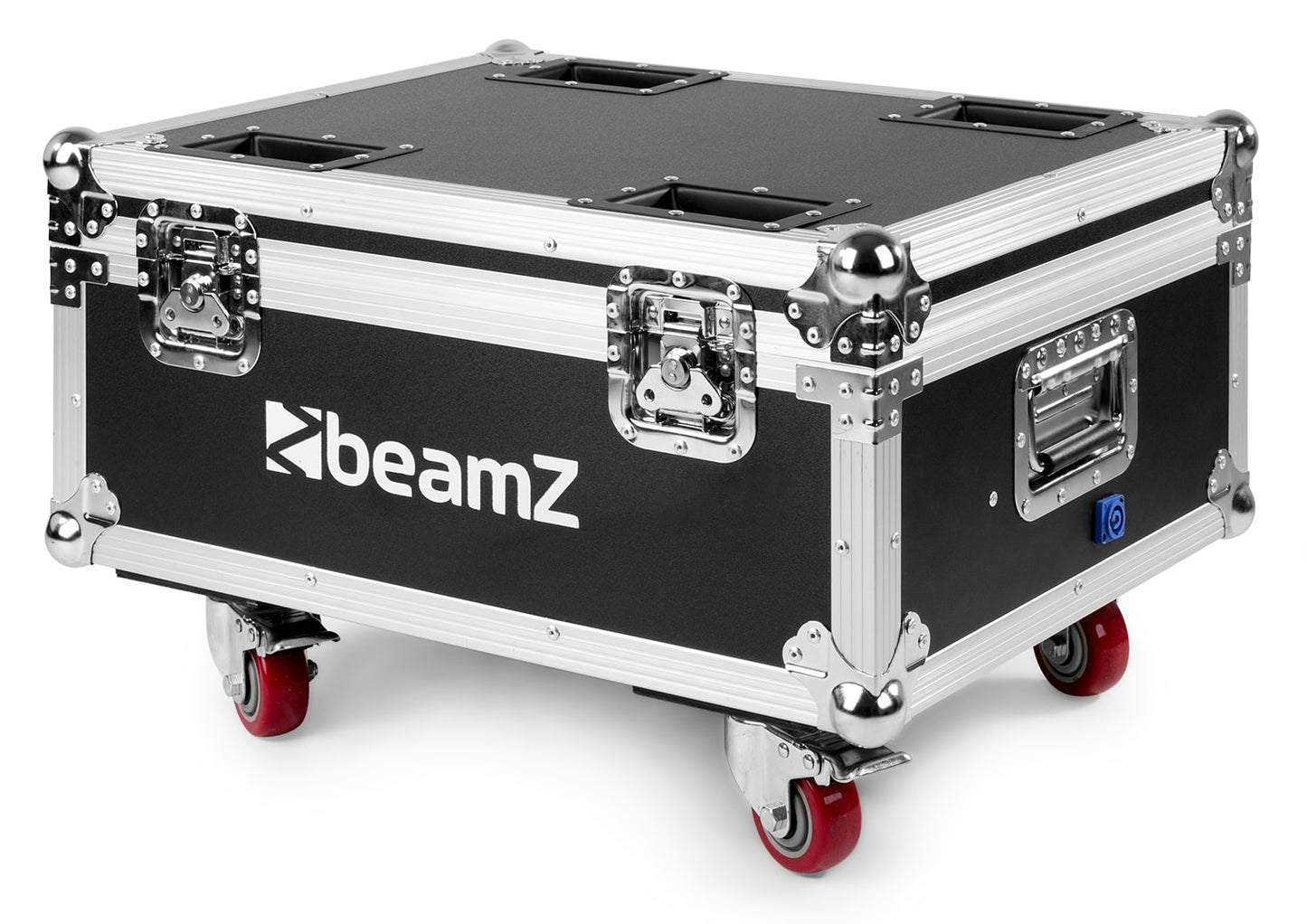 Angled view of the FCC9 Flightcase for 8x BBP9 series uplight with built-in charging sockets and sturdy construction 2.