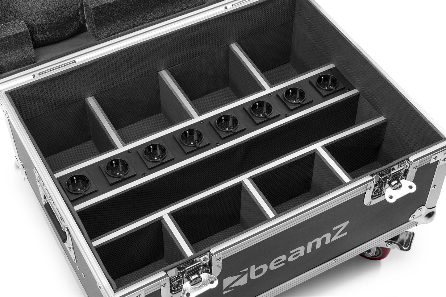 Top view of the FCC9 Flightcase for 8x BBP9 series uplight with built-in charging sockets and sturdy construction empty 1.