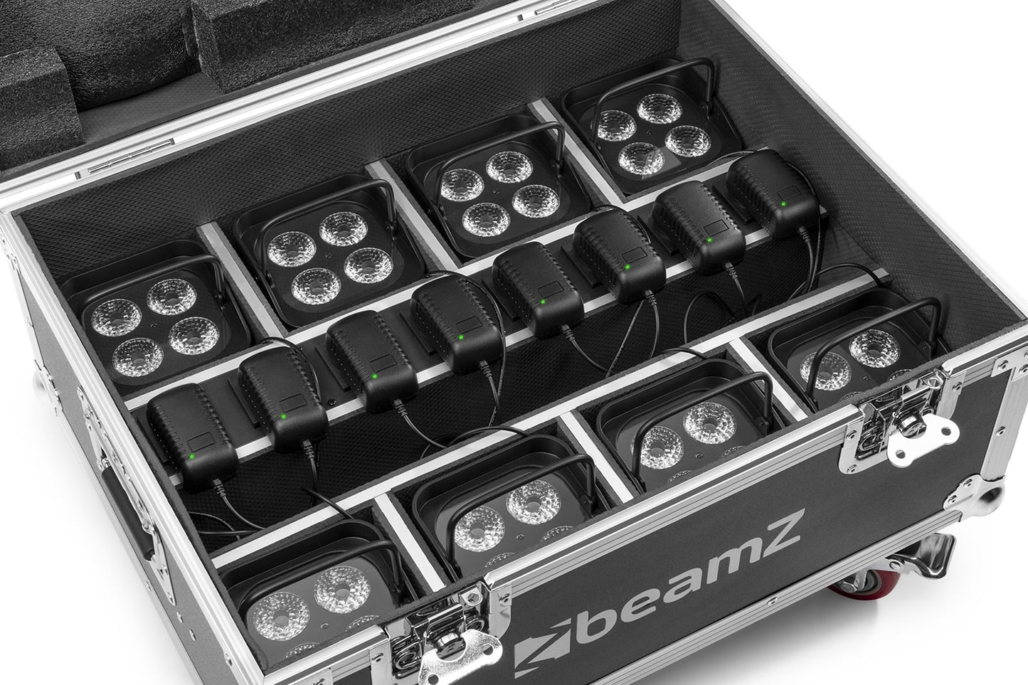 Top view of the FCC9 Flightcase for 8x BBP9 series uplight with built-in charging sockets and sturdy construction full 1.