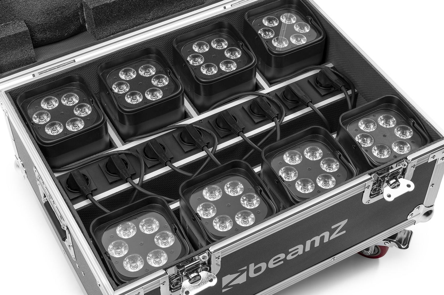 Top view of the FCC9 Flightcase for 8x BBP9 series uplight with built-in charging sockets and sturdy construction full 2.