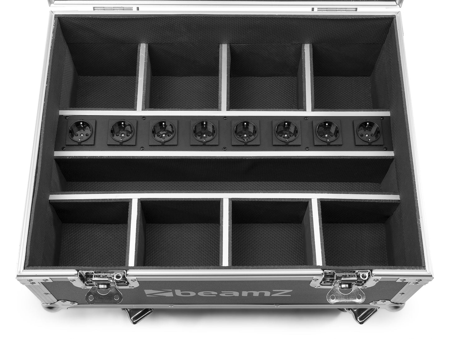 Top view of the FCC9 Flightcase for 8x BBP9 series uplight with built-in charging sockets and sturdy construction empty 2.