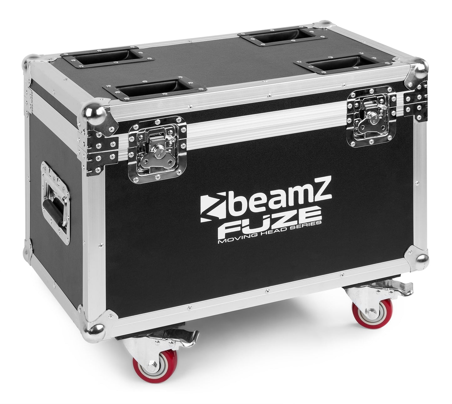Front angled view of the FCFZ42 Flightcase with durable construction and custom foam interior, designed to fit four Fuze series moving heads.