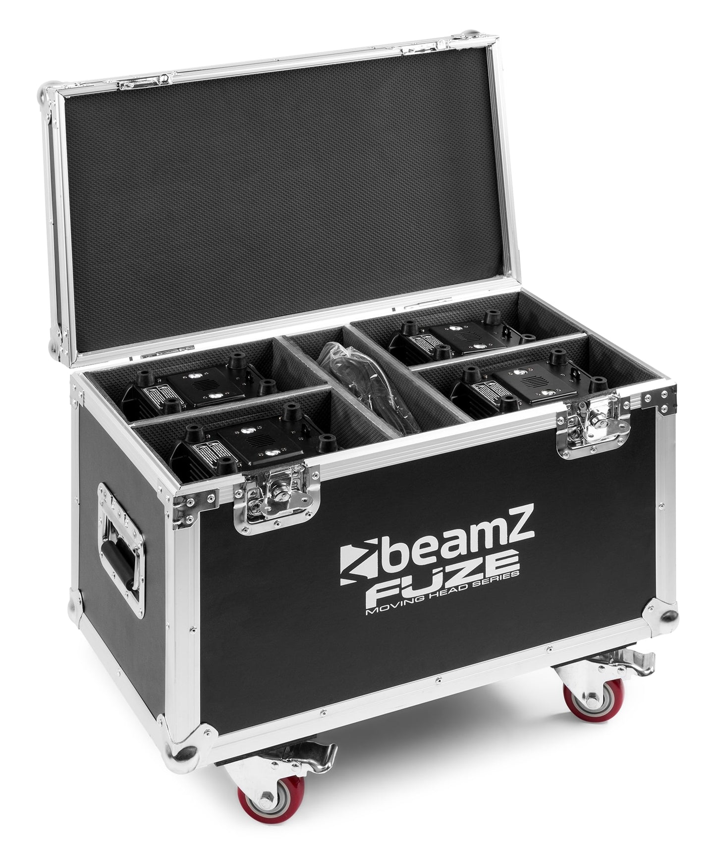 Top view of the front open FCFZ42 Flightcase with durable construction and custom foam interior, designed to fit four Fuze series moving heads.
