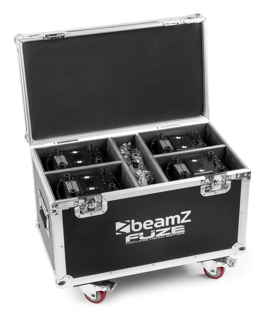 Top view of the open packed FCFZ4 Flightcase for 4 Pieces Fuze Series - Sturdy construction, solid foam interior, butterfly locks, aluminum profiles, wheels.