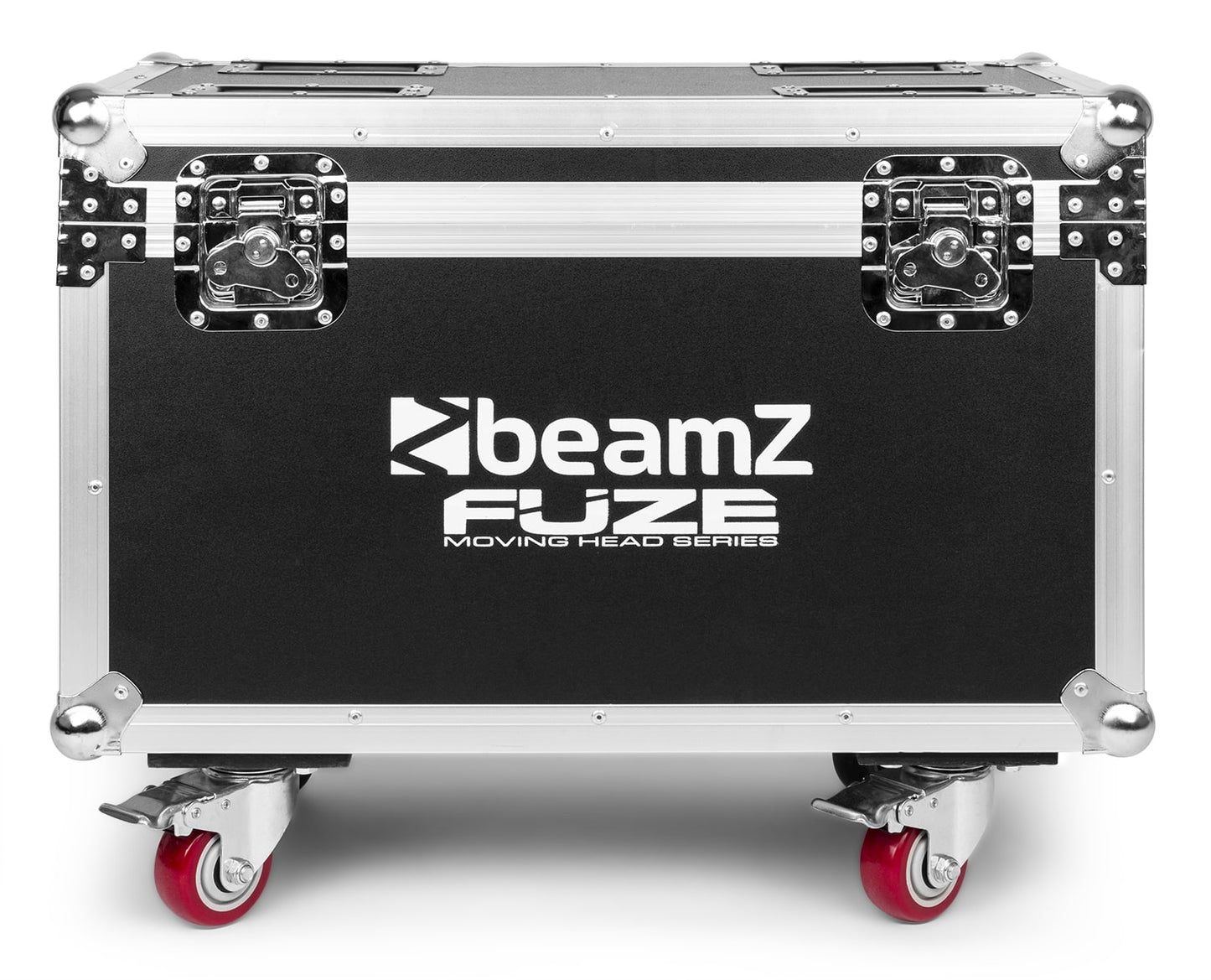 Front view of the FCFZ4 Flightcase for 4 Pieces Fuze Series - Sturdy construction, solid foam interior, butterfly locks, aluminum profiles, wheels.