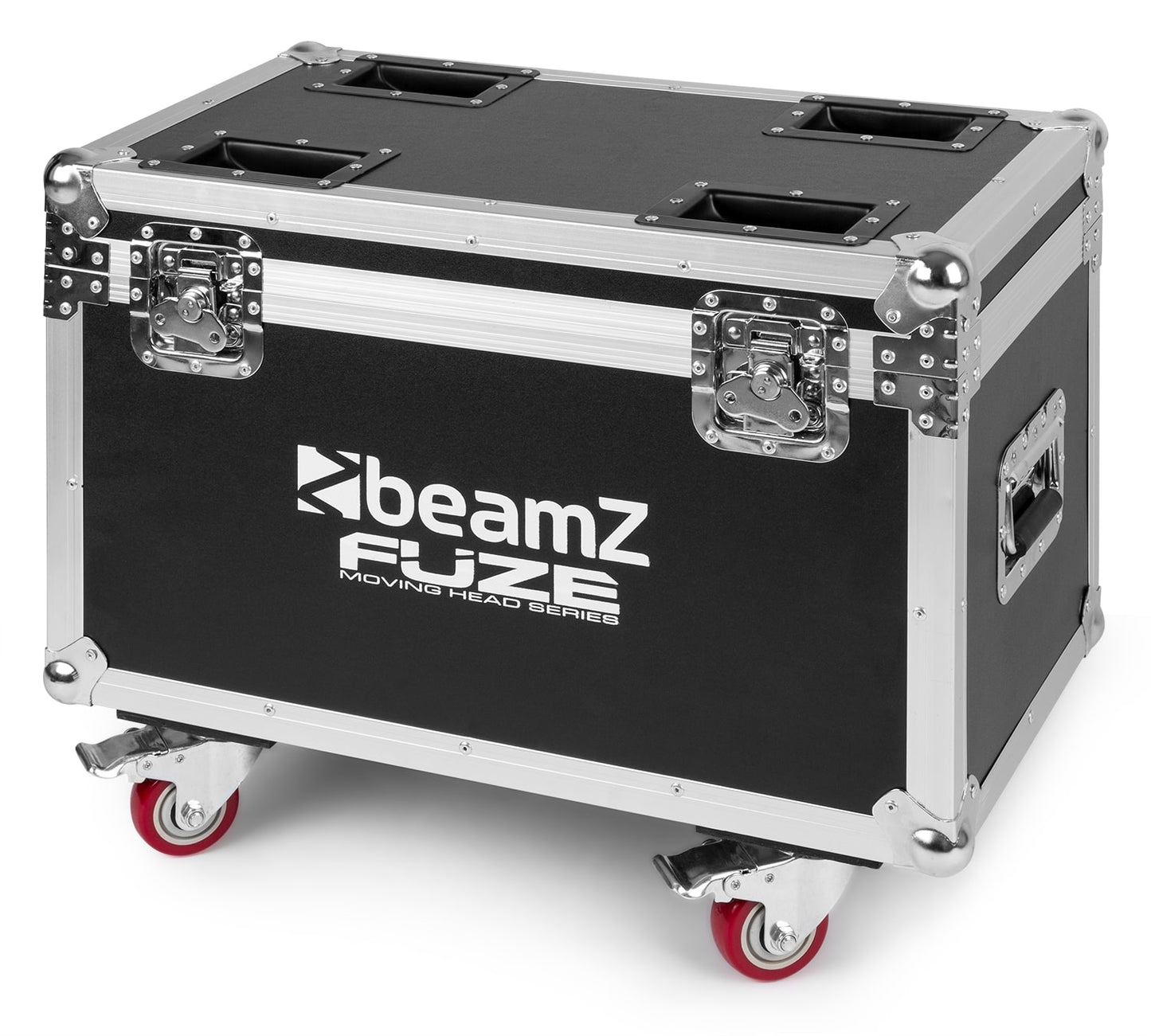 Angled view of the FCFZ4 Flightcase for 4 Pieces Fuze Series - Sturdy construction, solid foam interior, butterfly locks, aluminum profiles, wheels 2.