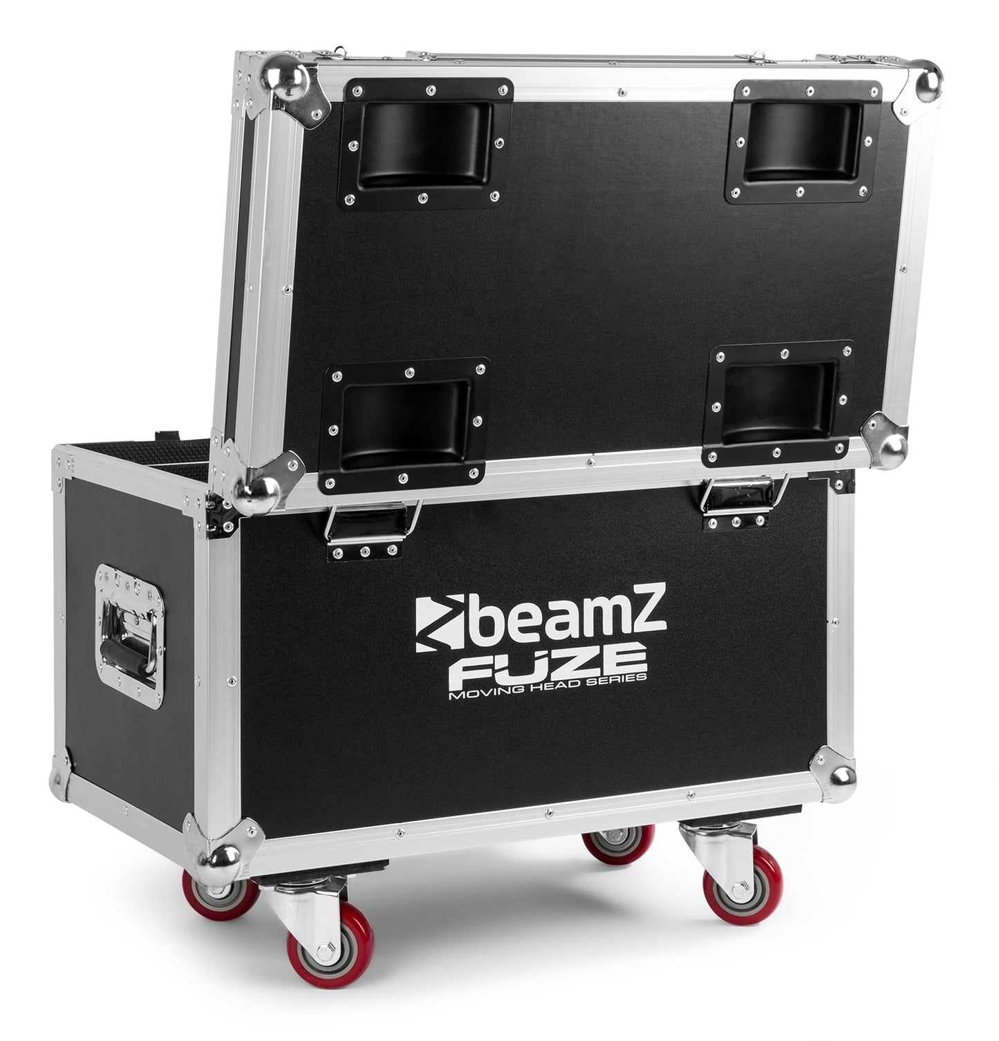 Back view of the open FCFZ4 Flightcase for 4 Pieces Fuze Series - Sturdy construction, solid foam interior, butterfly locks, aluminum profiles, wheels.