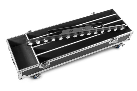 Top angled view of the Black FCLCB14 Flightcase with handles and wheels for 4 LCB14 LED Bars by beamZ 1.
