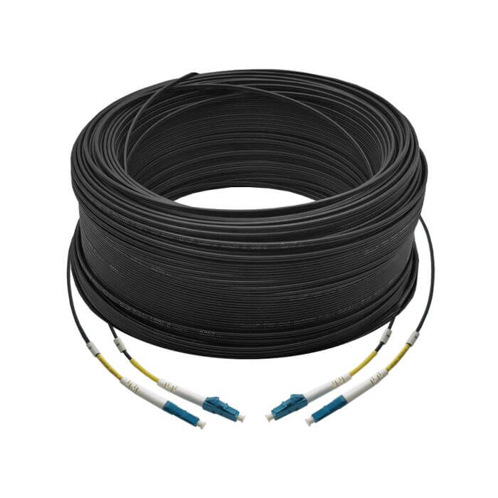 Scoop Fibre Outdoor Uplink Cable 150M with LC-LC UPC connectors, showcasing its 2-core design.