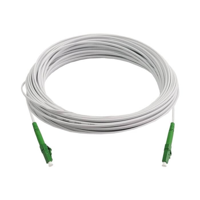 Scoop Fibre Outdoor Drop Cable 90M LC-LC APC 1-Core, a white fiber optic cable suitable for outdoor use.
