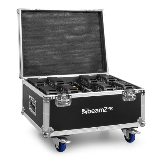 Top view of the open packed FL128 Flightcase for 8pcs Starcolor128 Wash Lights by beamZ.