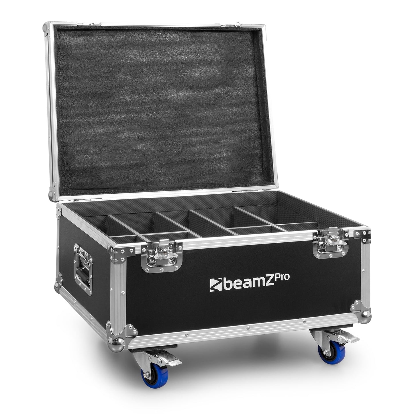 Front view of the open empty FL128 Flightcase for 8pcs Starcolor128 Wash Lights by beamZ.
