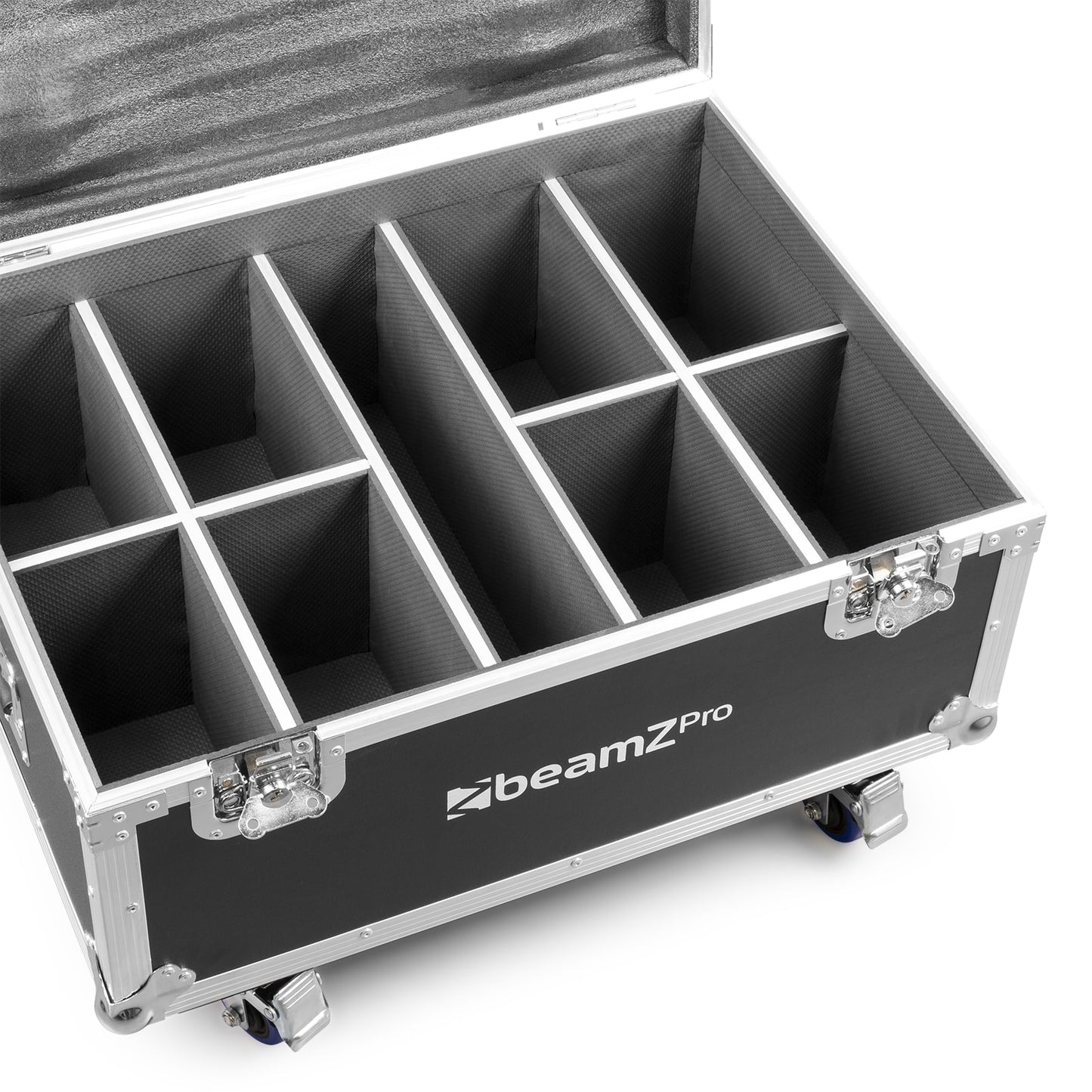 Top view of the open empty FL128 Flightcase for 8pcs Starcolor128 Wash Lights by beamZ.