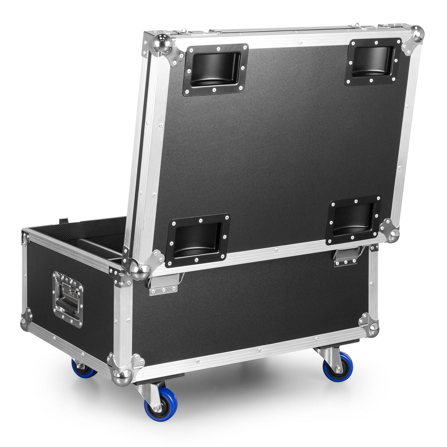 Back view of the open FL128 Flightcase for 8pcs Starcolor128 Wash Lights by beamZ.