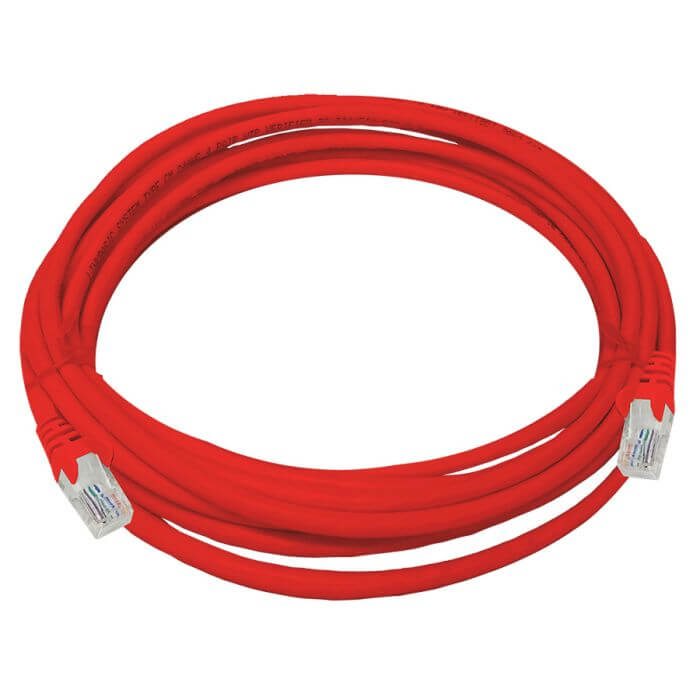 Linkbasic 5m Cat5e UTP Flylead in red color, used for networking connections.