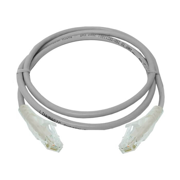 Linkbasic 1 meter Cat6 UTP flylead in grey color, used for network connections.