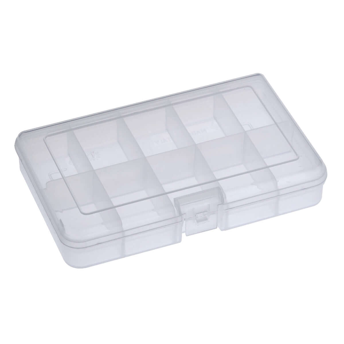 Transparent polypropylene organiser box with 10 compartments for storage and organization.