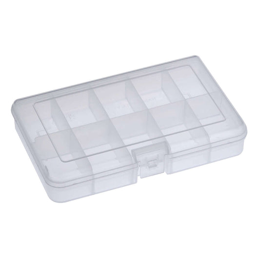 SP PAN 101/FTN Transparent Polypropylene Organiser Box with 10 compartments, showcasing its clear design and multiple storage sections.