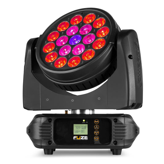 Front view of the Fuze1910 LED Wash Moving Head featuring 19x 10W RGBW LEDs with circle control.