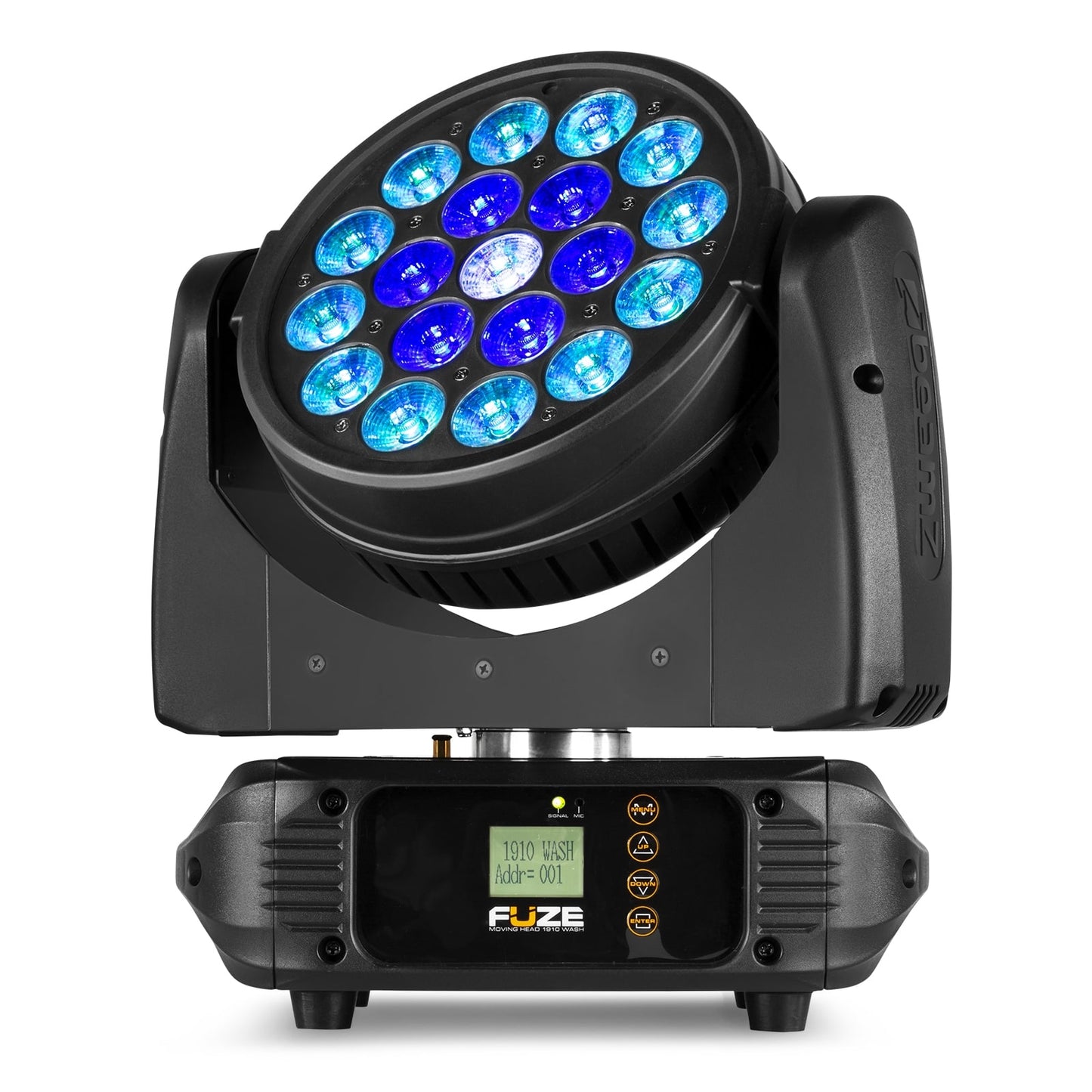 Front view of the Fuze1910 LED Wash Moving Head featuring 19x 10W RGBW LEDs with circle control.