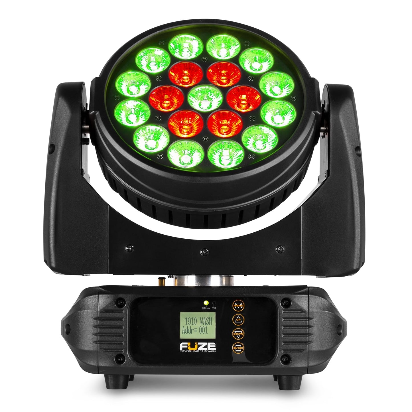 Front view of the Fuze1910 LED Wash Moving Head featuring 19x 10W RGBW LEDs with circle control.