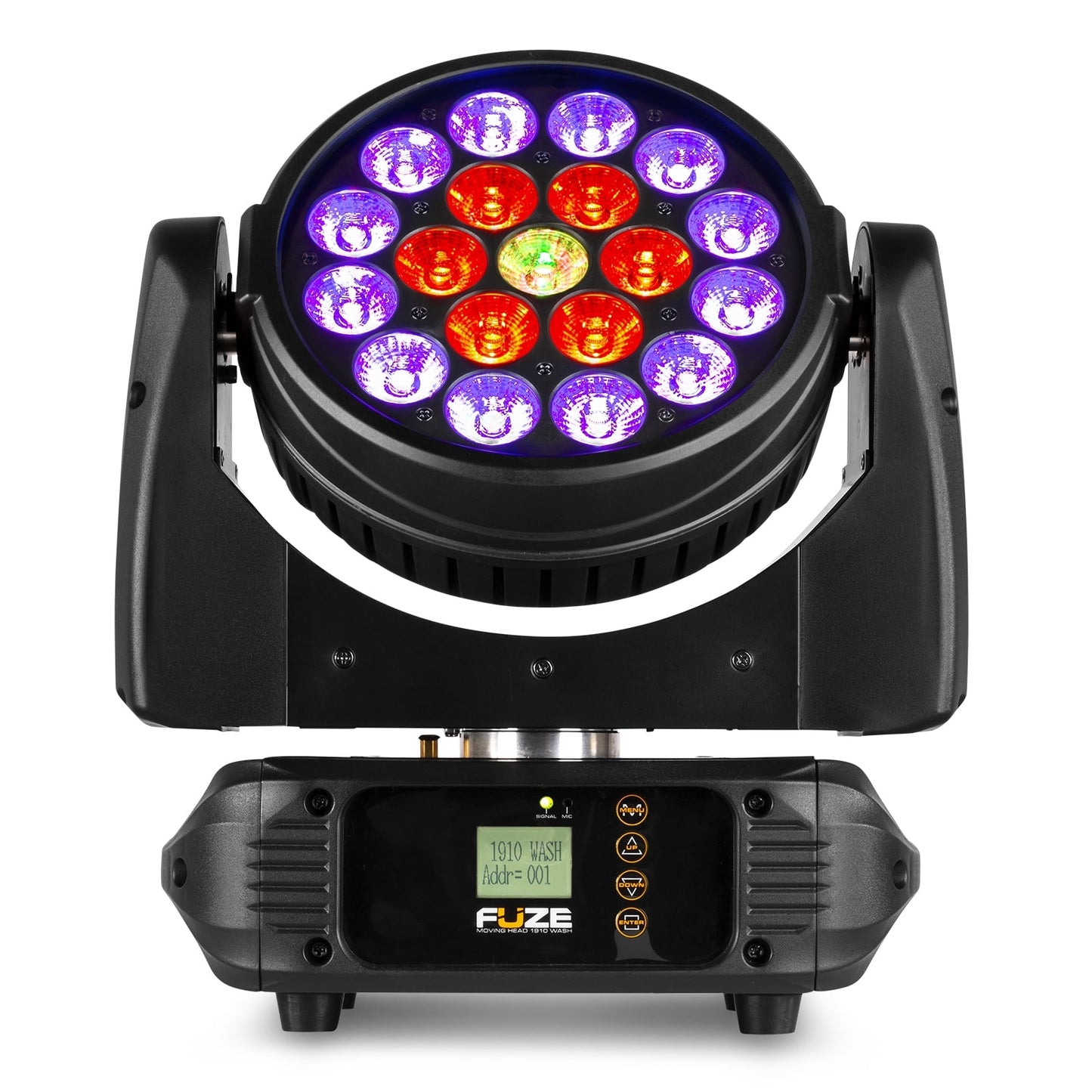 Front view of the Fuze1910 LED Wash Moving Head featuring 19x 10W RGBW LEDs with circle control.