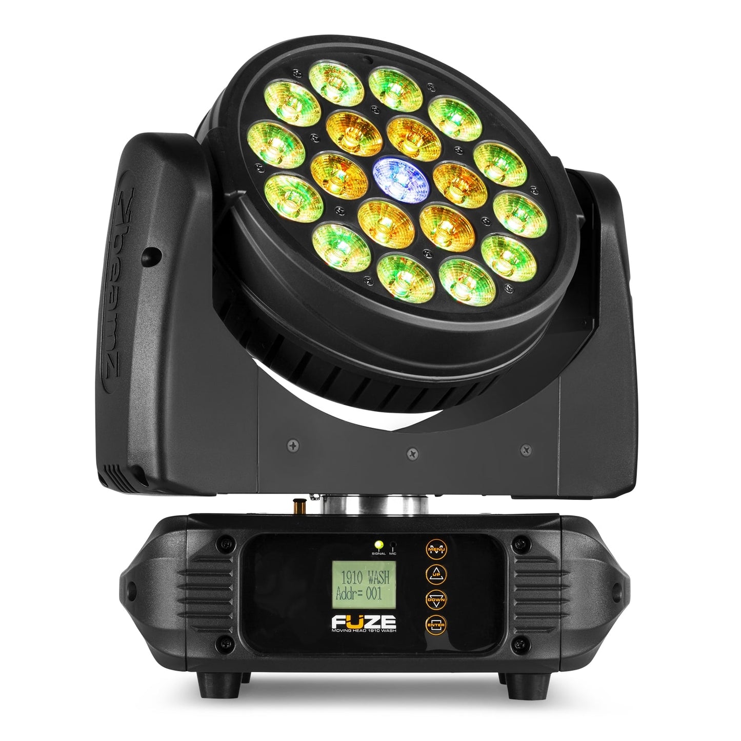 Front view of the Fuze1910 LED Wash Moving Head featuring 19x 10W RGBW LEDs with circle control.