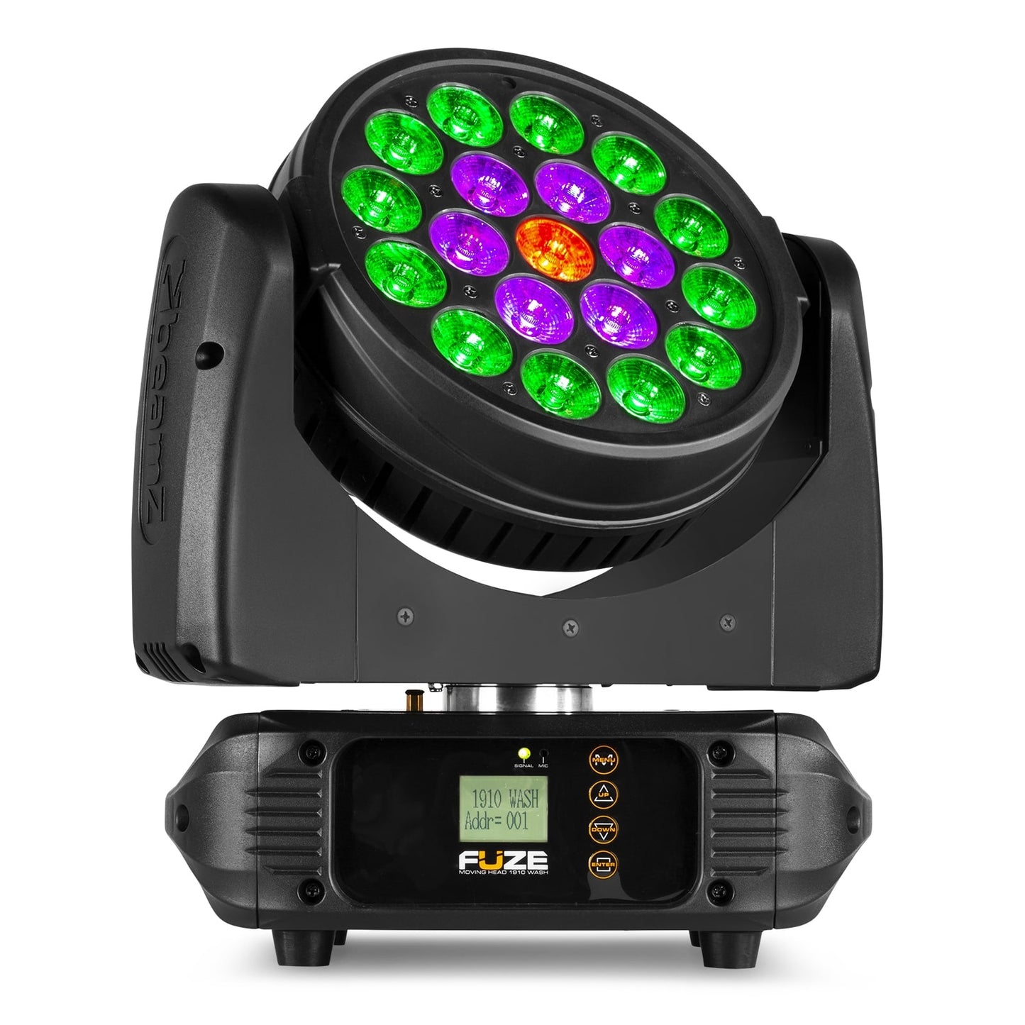 Front view of the Fuze1910 LED Wash Moving Head featuring 19x 10W RGBW LEDs with circle control.