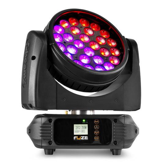 Front view of the Fuze2812 LED Wash Moving Head featuring 28x 12W RGBWA-UV LEDs with motorized zoom.