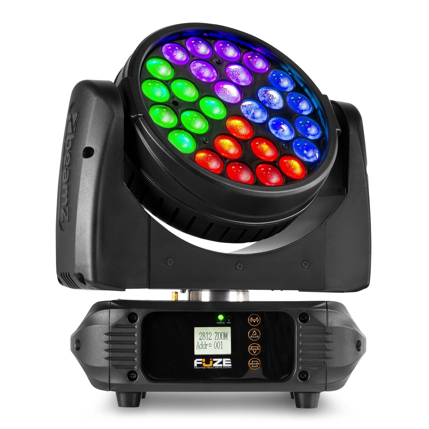 Front view of the Fuze2812 LED Wash Moving Head featuring 28x 12W RGBWA-UV LEDs with motorized zoom.