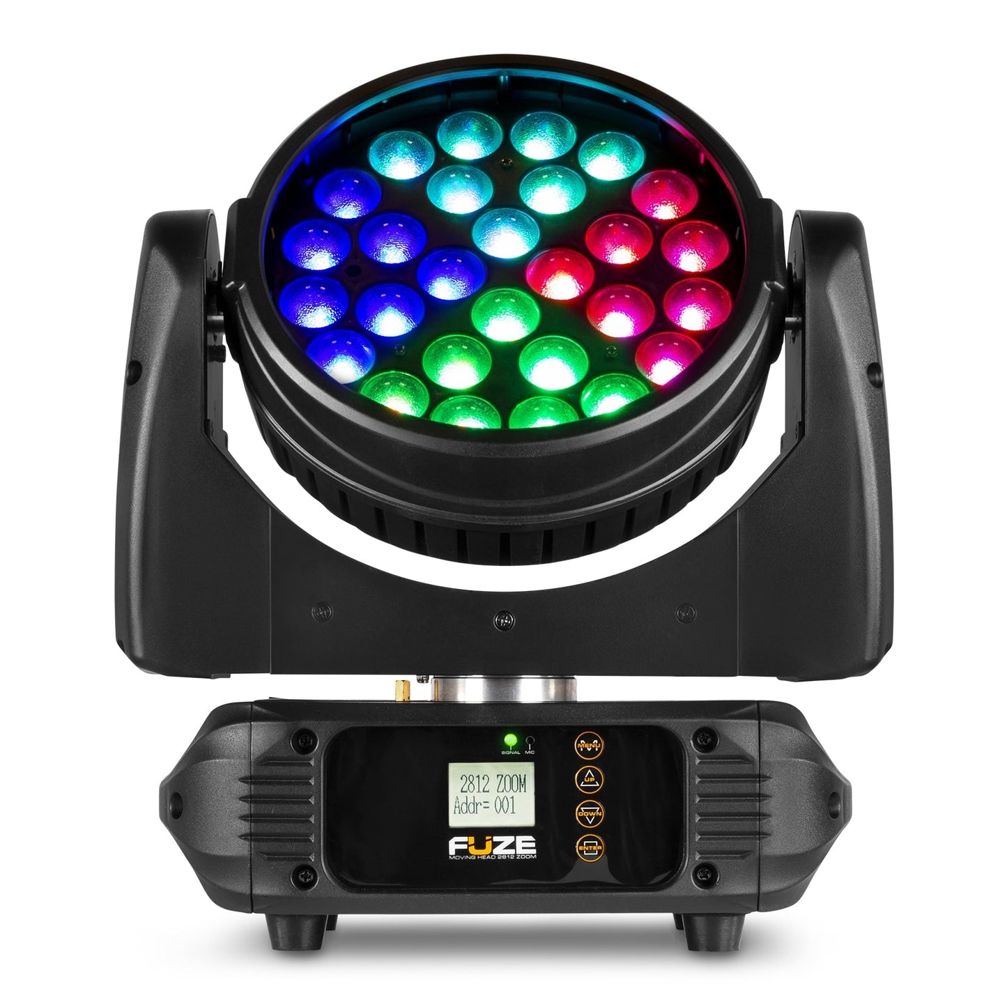 Front view of the Fuze2812 LED Wash Moving Head featuring 28x 12W RGBWA-UV LEDs with motorized zoom.