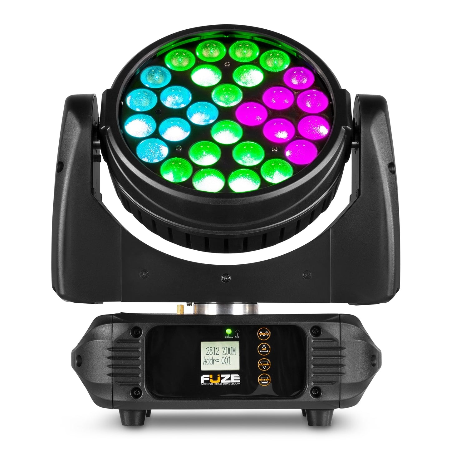 Front view of the Fuze2812 LED Wash Moving Head featuring 28x 12W RGBWA-UV LEDs with motorized zoom.