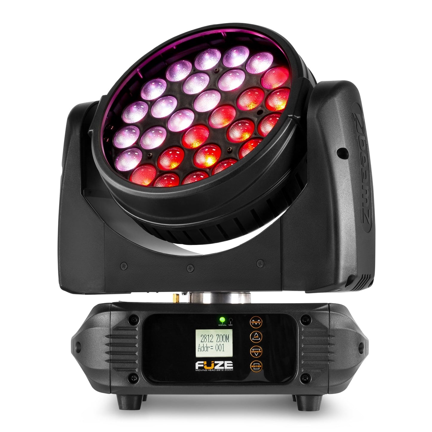 Front view of the Fuze2812 LED Wash Moving Head featuring 28x 12W RGBWA-UV LEDs with motorized zoom.