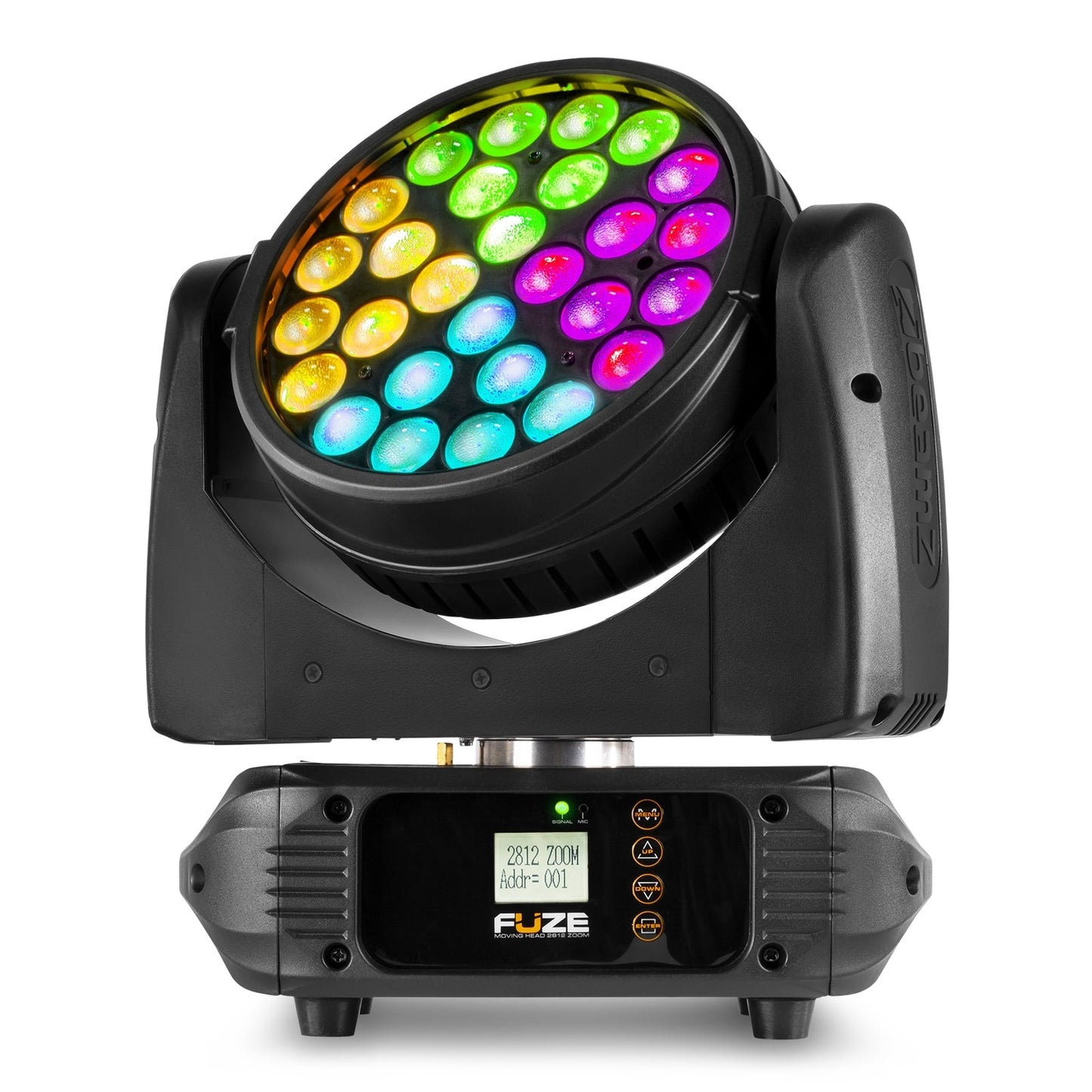 Front view of the Fuze2812 LED Wash Moving Head featuring 28x 12W RGBWA-UV LEDs with motorized zoom.