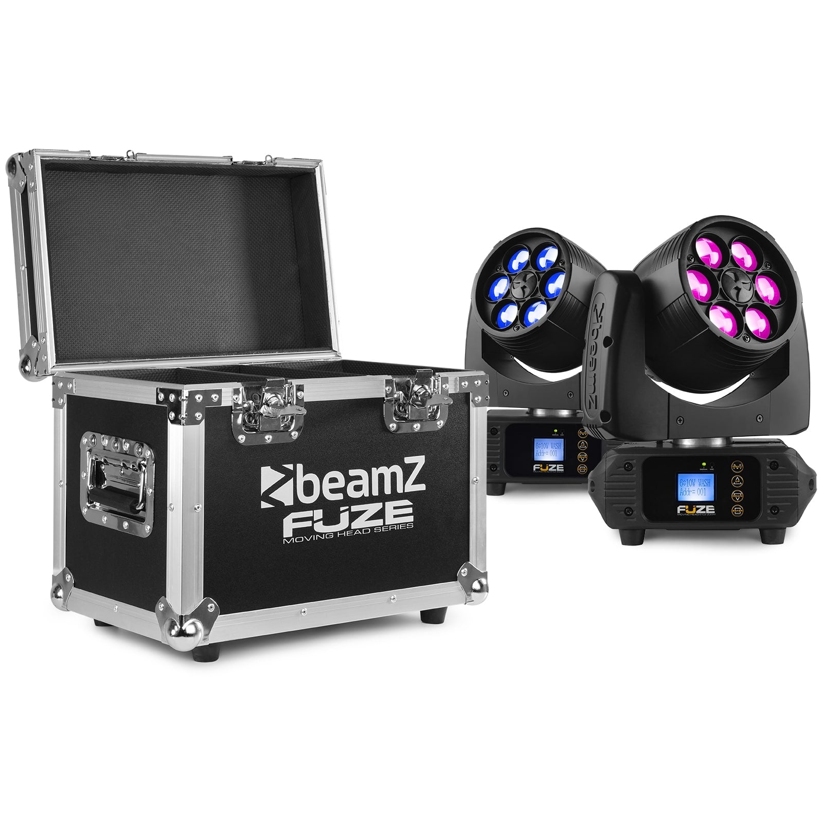 Front view of the Fuze610Z LED Wash Moving Head with Zoom - Set of 2 in Flightcase, 6x 10W RGBW LEDs, motorized zoom, DMX control.