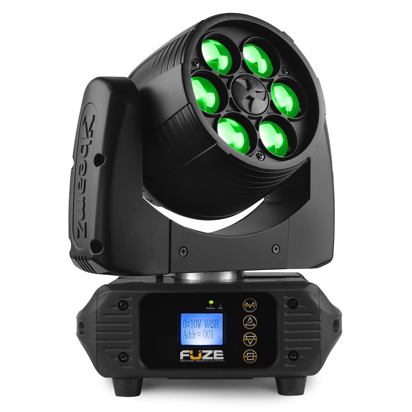 Front view of the Fuze610Z LED Wash Moving Head with Zoom in Green.